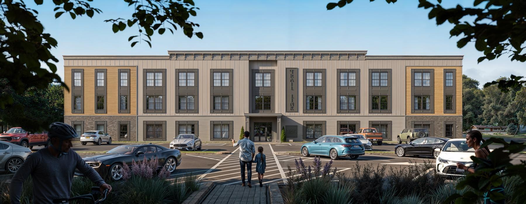 a building with cars parked in front